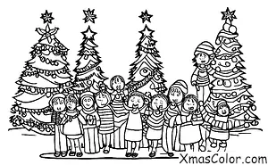Christmas / Christmas caroling: Christmas carolers singing in front of the Christmas tree