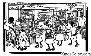 Christmas / Christmas in Africa: A market scene with people selling and buying Christmas gifts