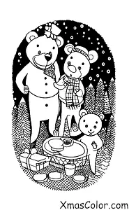 Christmas / Christmas in the mountains: A family of bears having a picnic in the snow