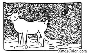 Christmas / Christmas Trees: A reindeer grazing in a snowy field with a Christmas tree in the background