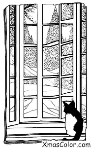 Christmas / Christmas with animals: A cat looking out the window at the snowy winter scene