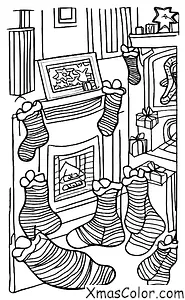 Christmas / Christmas Wrapping Paper: A fireplace with stockings hung and presents stacked around it