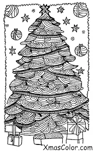 Christmas / Feliz Navidad: A Christmas tree decorated with lights and ornaments