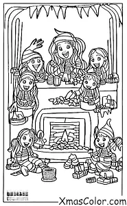 Christmas / Funny Christmas: A family of elves sitting in front of a fireplace