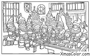 Christmas / North Pole: Santa Claus and his elves in their workshop at the North Pole