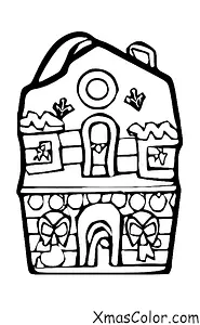 Christmas / Santa's elves: Children coloring page of Santa's elves making gingerbread houses