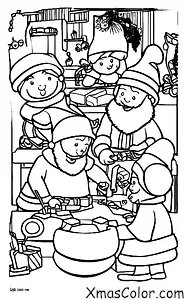 Christmas / Santa's elves: Children coloring page of Santa's elves making toys in the workshop