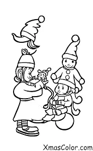 Christmas / Santa's elves: Children coloring page of Santa's elves taking care of the reindeers