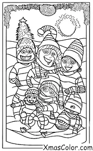 Christmas / Sledding: A family of three sledding together down a hill