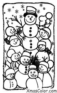Christmas / Snow Man: A snowman surrounded by children playing in the snow