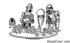 Christmas / Star Wars Christmas: A scene of R2-D2 and C-3PO decorating a Christmas tree