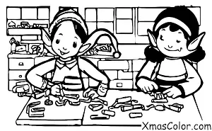 Christmas / The elves: An elf making a toy in Santa's workshop