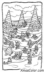 Christmas / Wintry Weather: A scene of kids sledding down a hill